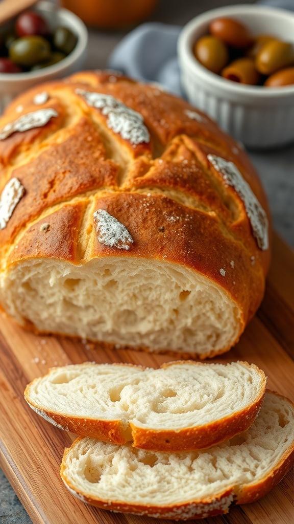 Homemade Italian Bread Recipe A golden-brown loaf of Italian bread on a cutting board with slices cut, showcasing its soft texture.